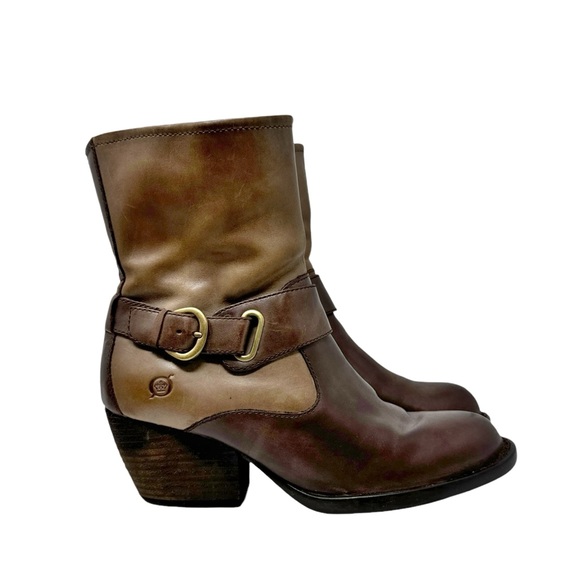 Born Nevica Two Tone Leather Western Block Heel Boots Espresso Antilope Size 6 - Picture 2 of 11